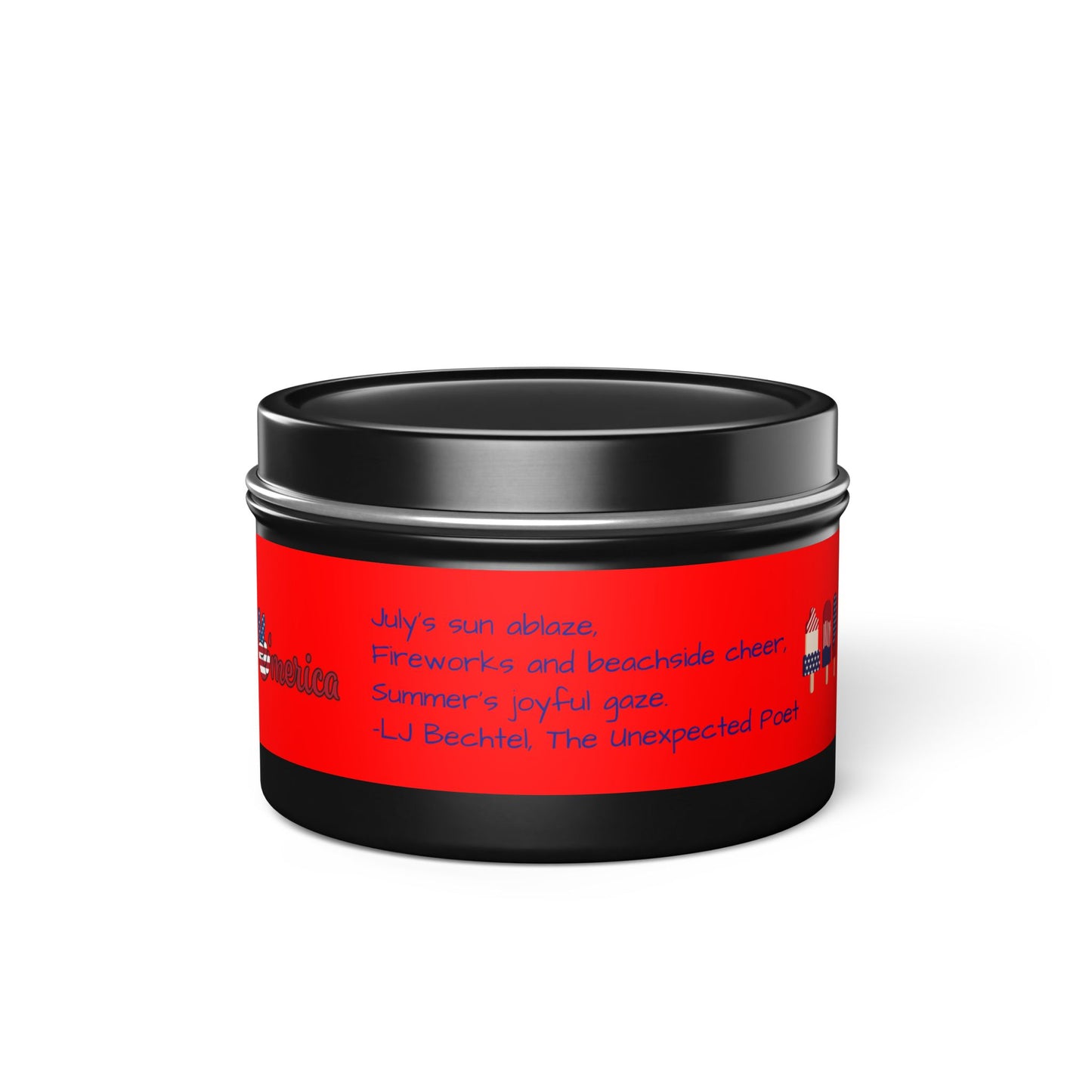 Black container with red label on a white background