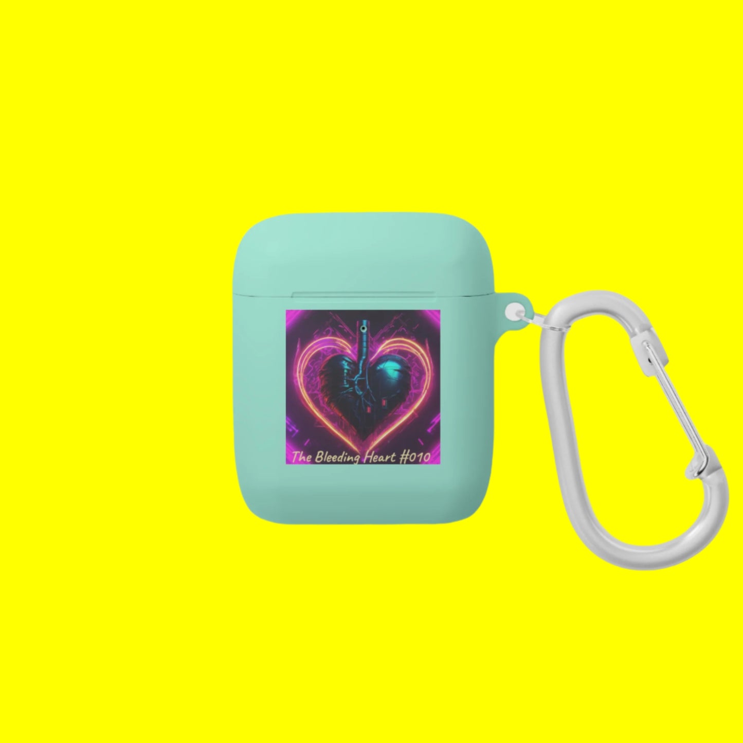 Mint green air pod case with a heart design and carabiner on a white background