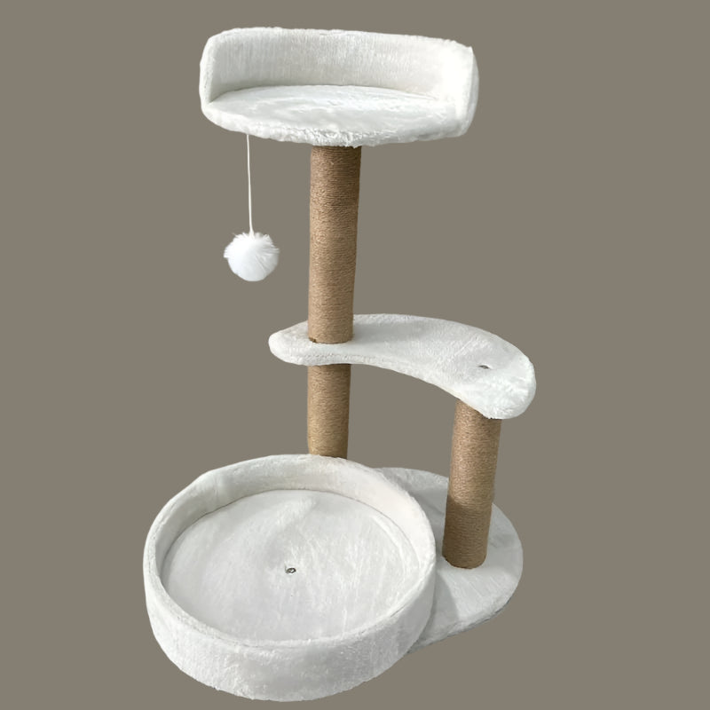 Cat tree with multiple levels and a perch on a tiled floor.