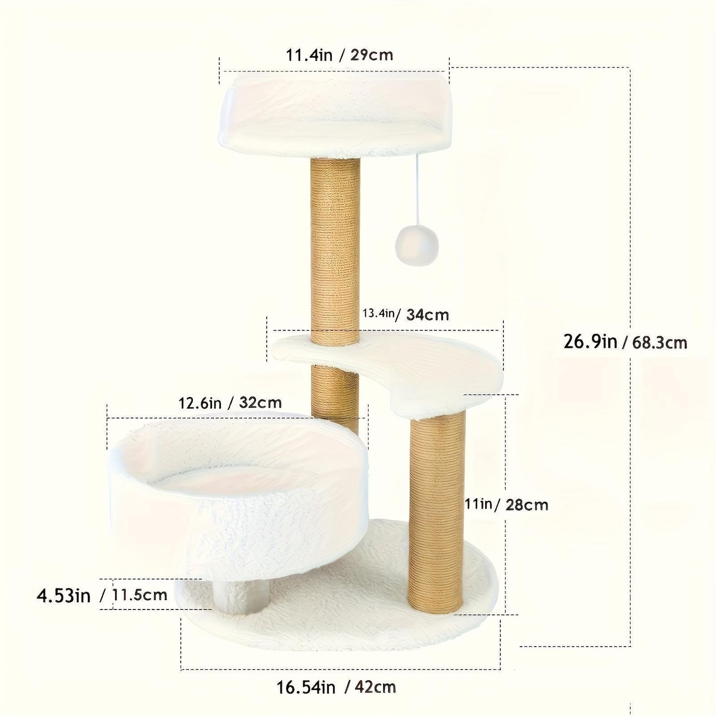 Measurement chart of a cat tree with dimensions labeled