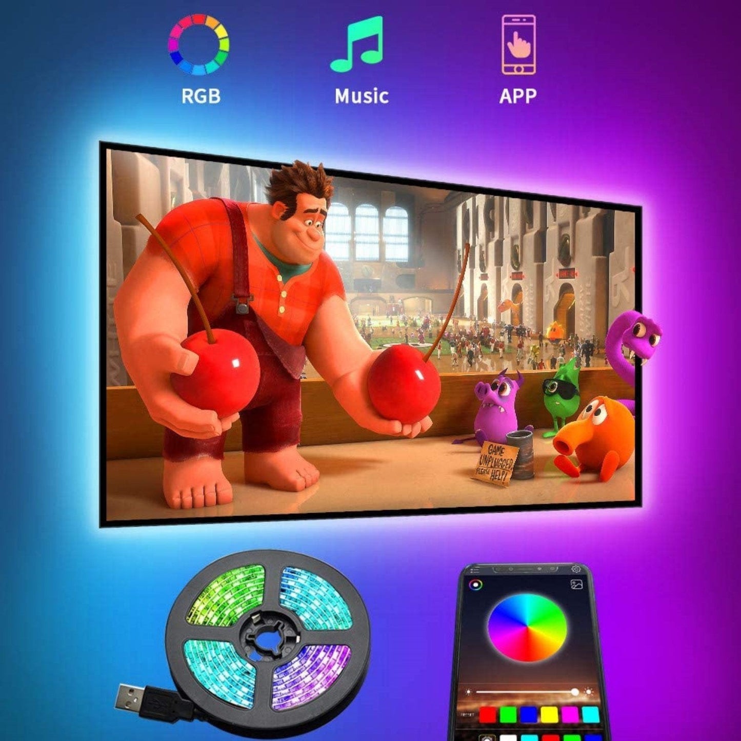 LED strip light with RGB, music, and app control options displayed on a screen with animated characters.