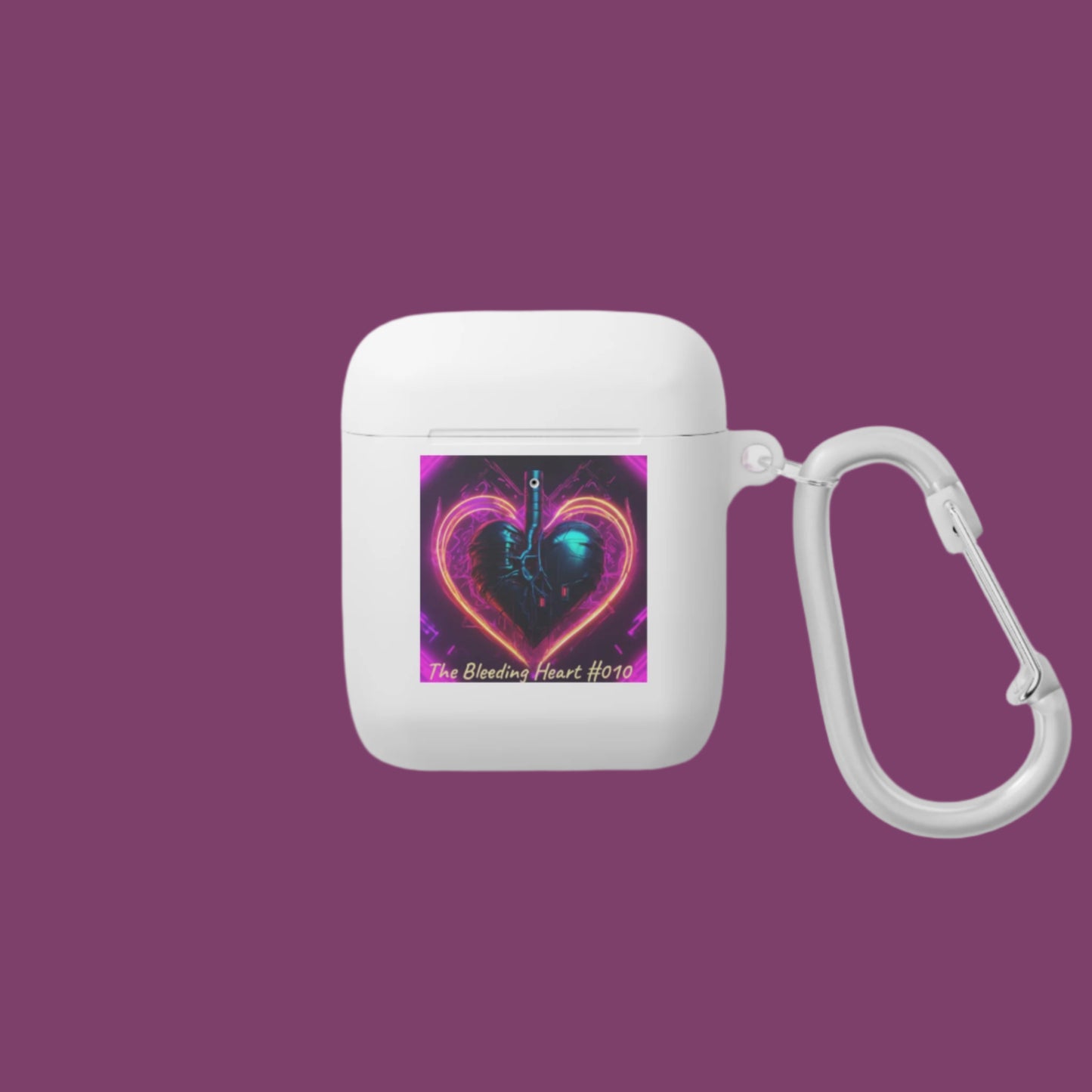 White air pod case with a colorful heart design and carabiner on a white background