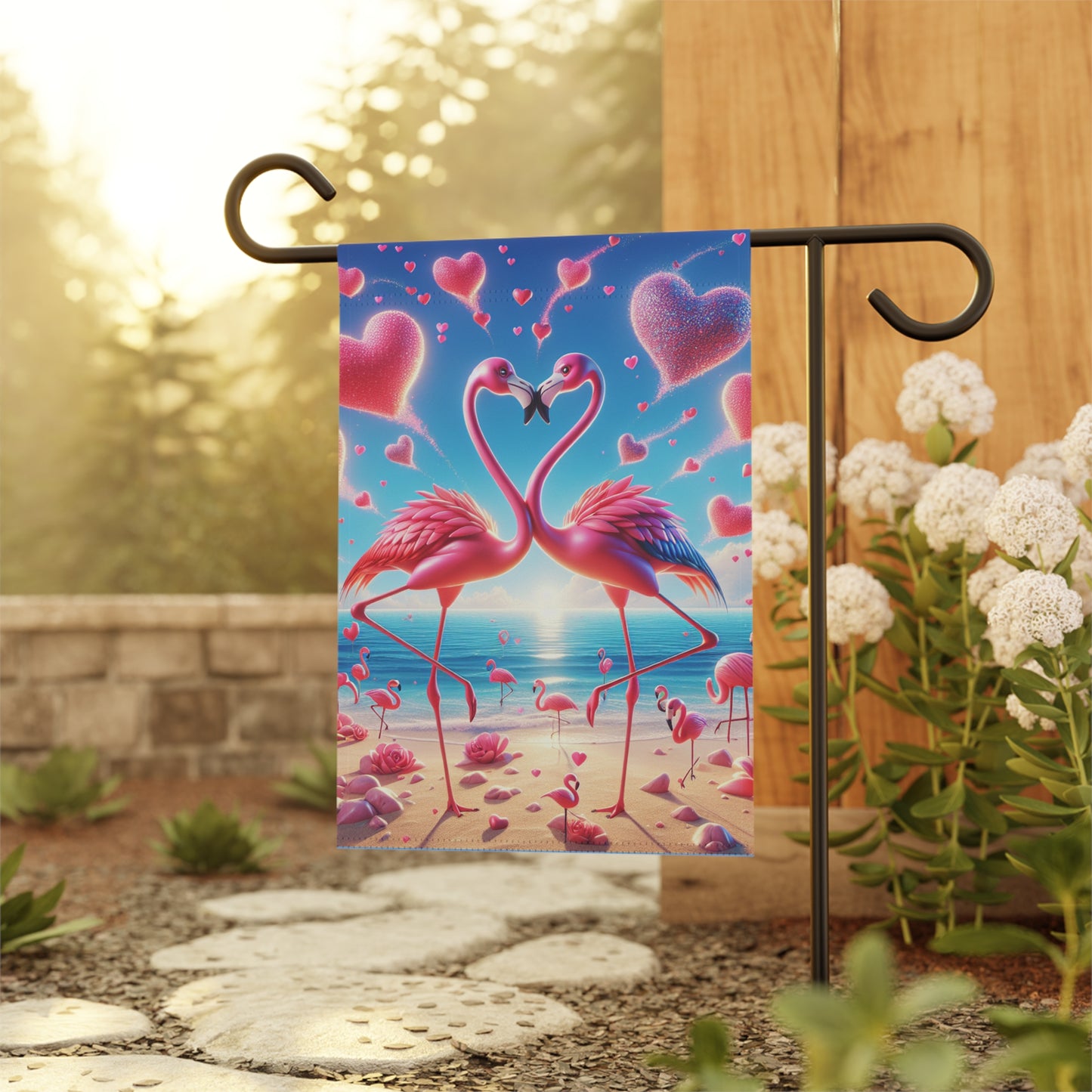 'Give Me Some Loving" Flamingo Garden Flag Designed by Law Rence