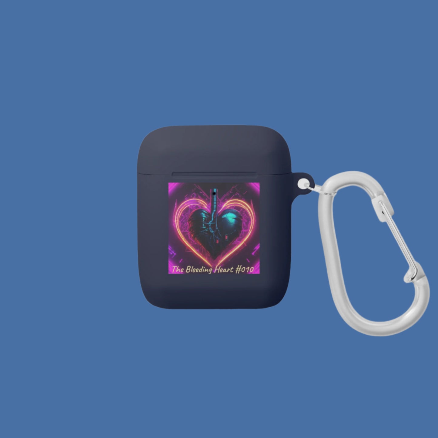 Navy blue air pod case with a colorful heart design and carabiner on a white background