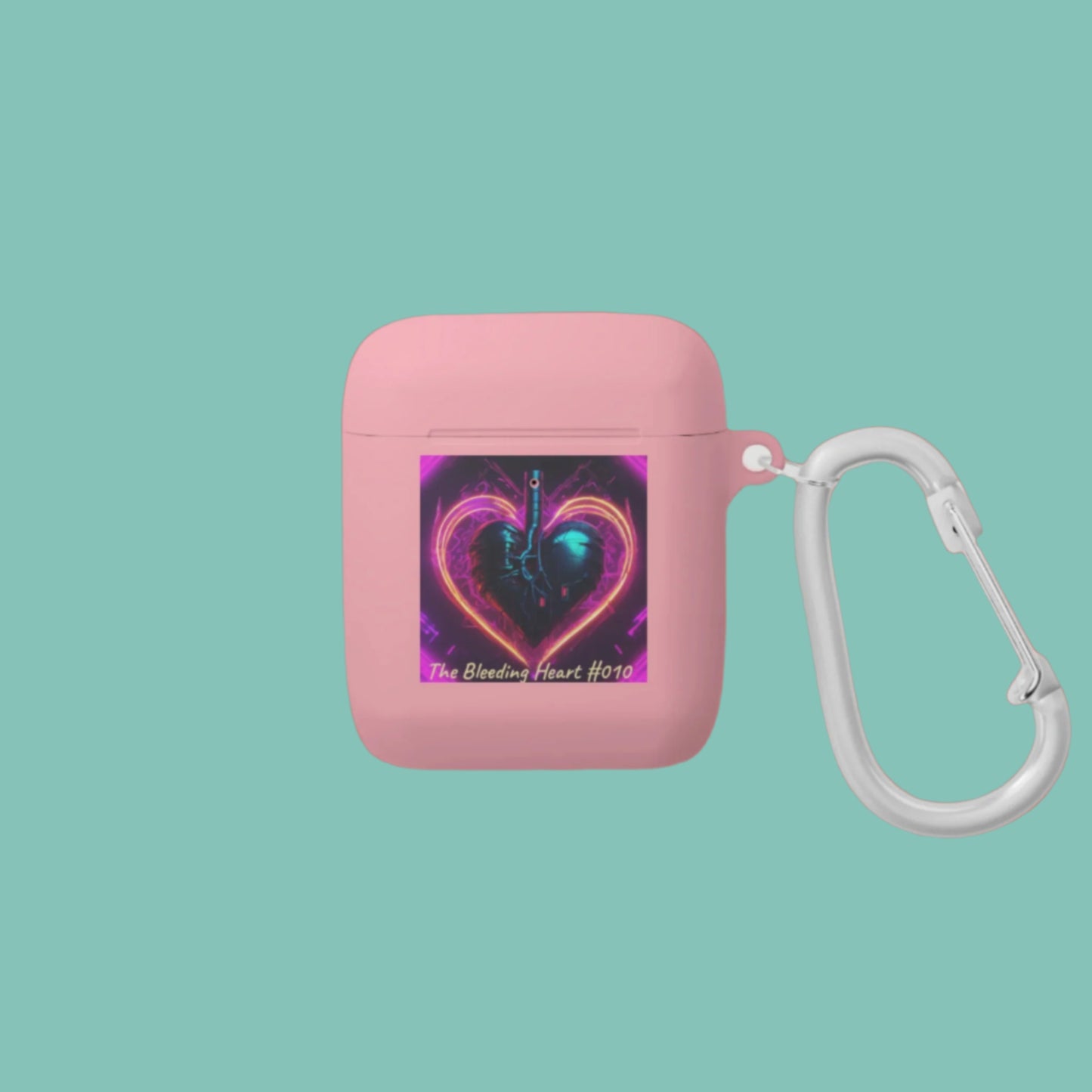 Pink air pod case with a heart design and carabiner on a white background