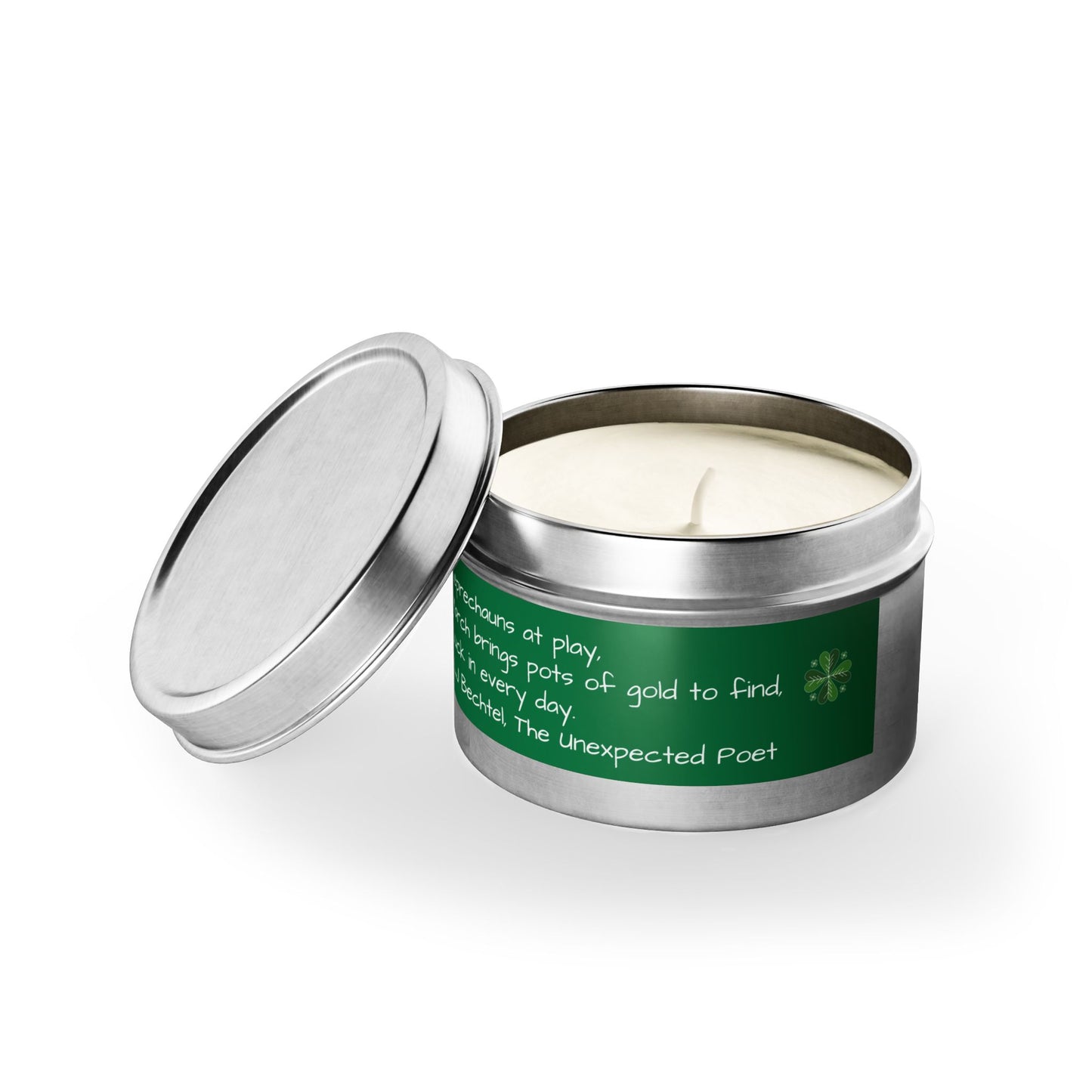 Candle in a metal tin with a green label on a white background