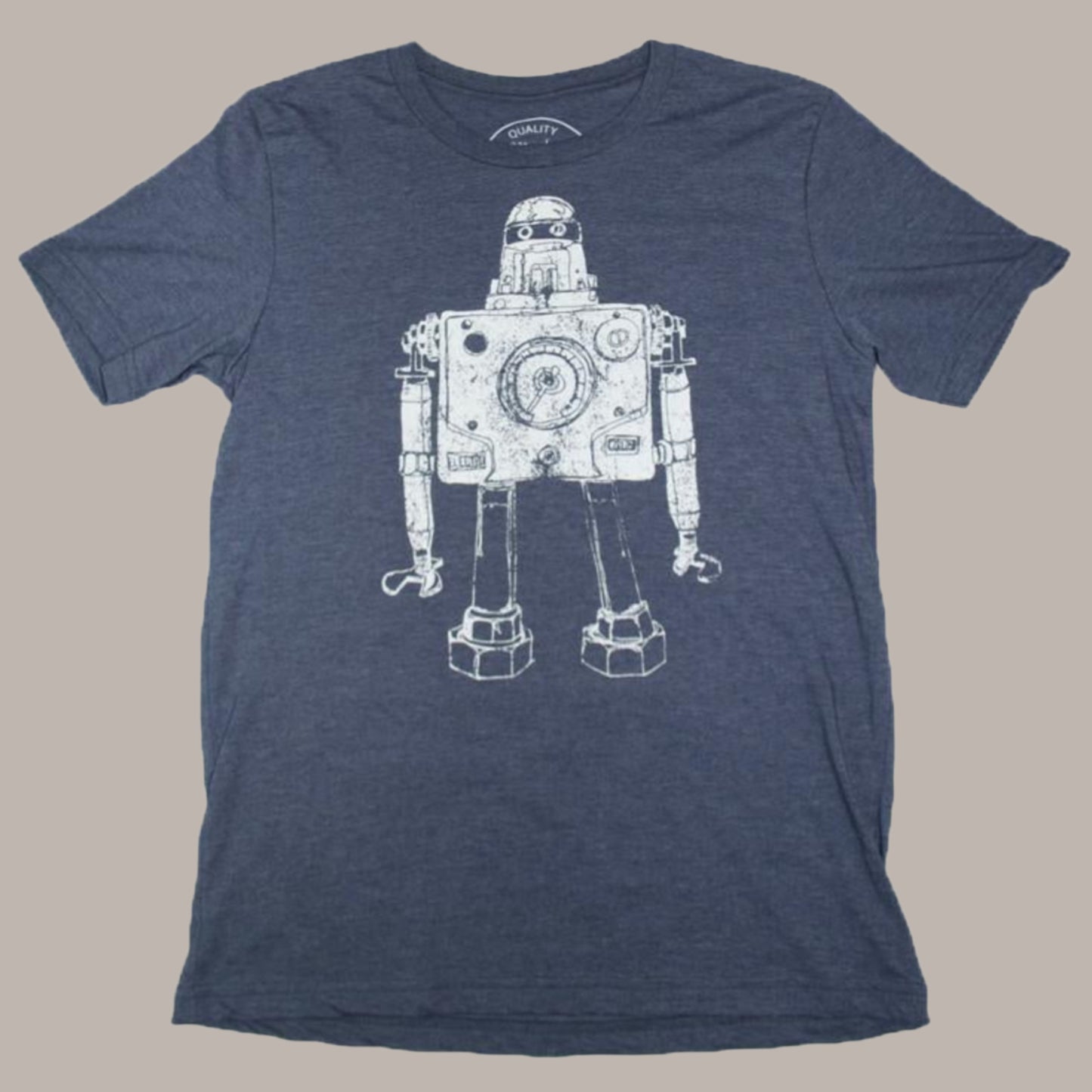 Navy blue t-shirt with a white robot graphic on a white background