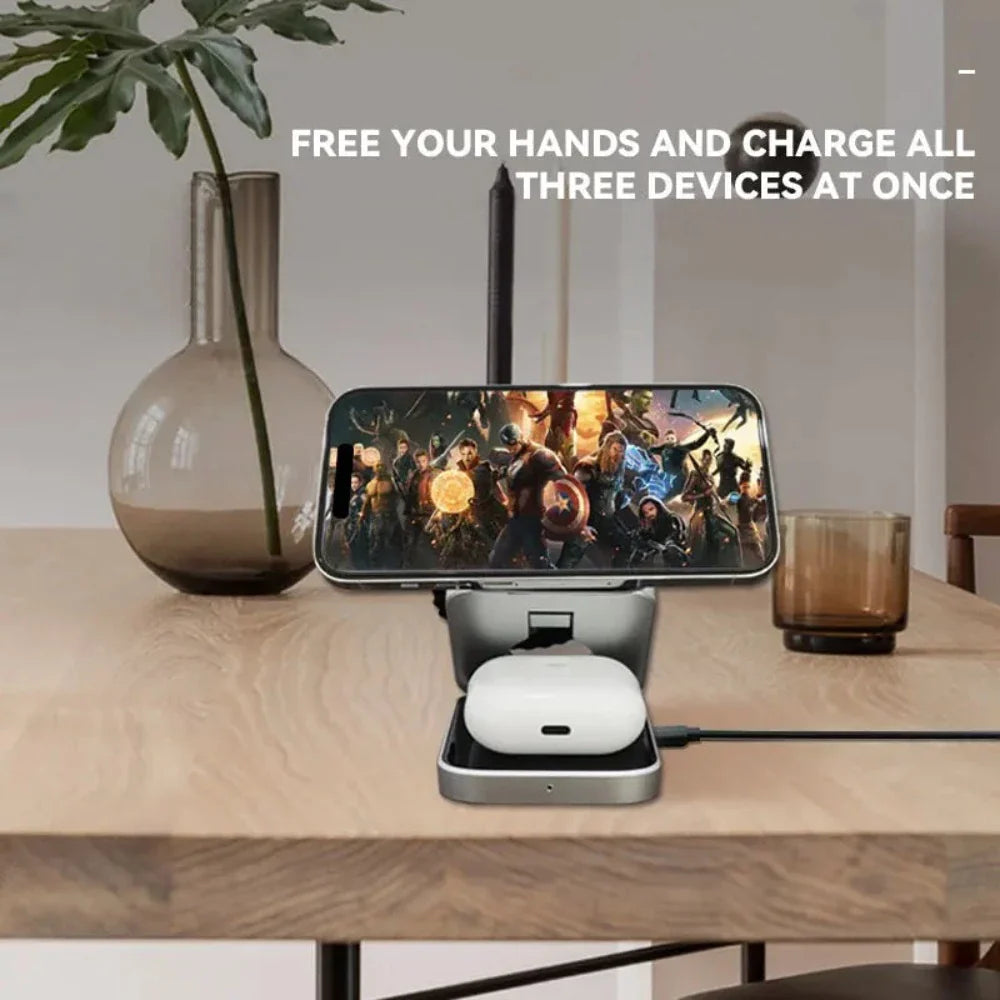Foldable 3-in-1 Wireless Charging Phone Stand – Charge, Fold & Go