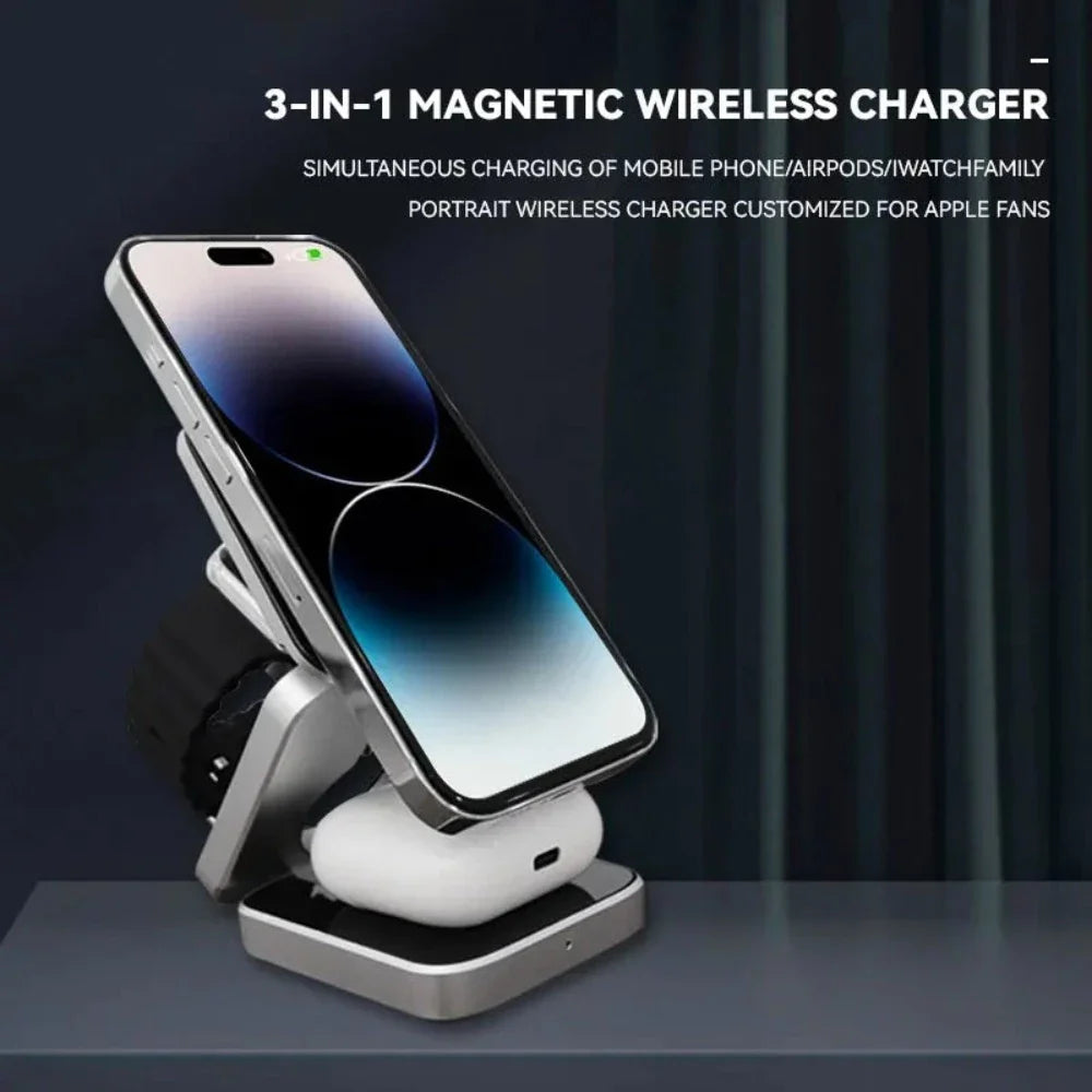Foldable 3-in-1 Wireless Charging Phone Stand – Charge, Fold & Go
