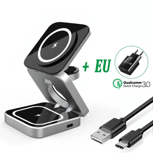 Foldable 3-in-1 Wireless Charging Phone Stand – Charge, Fold & Go