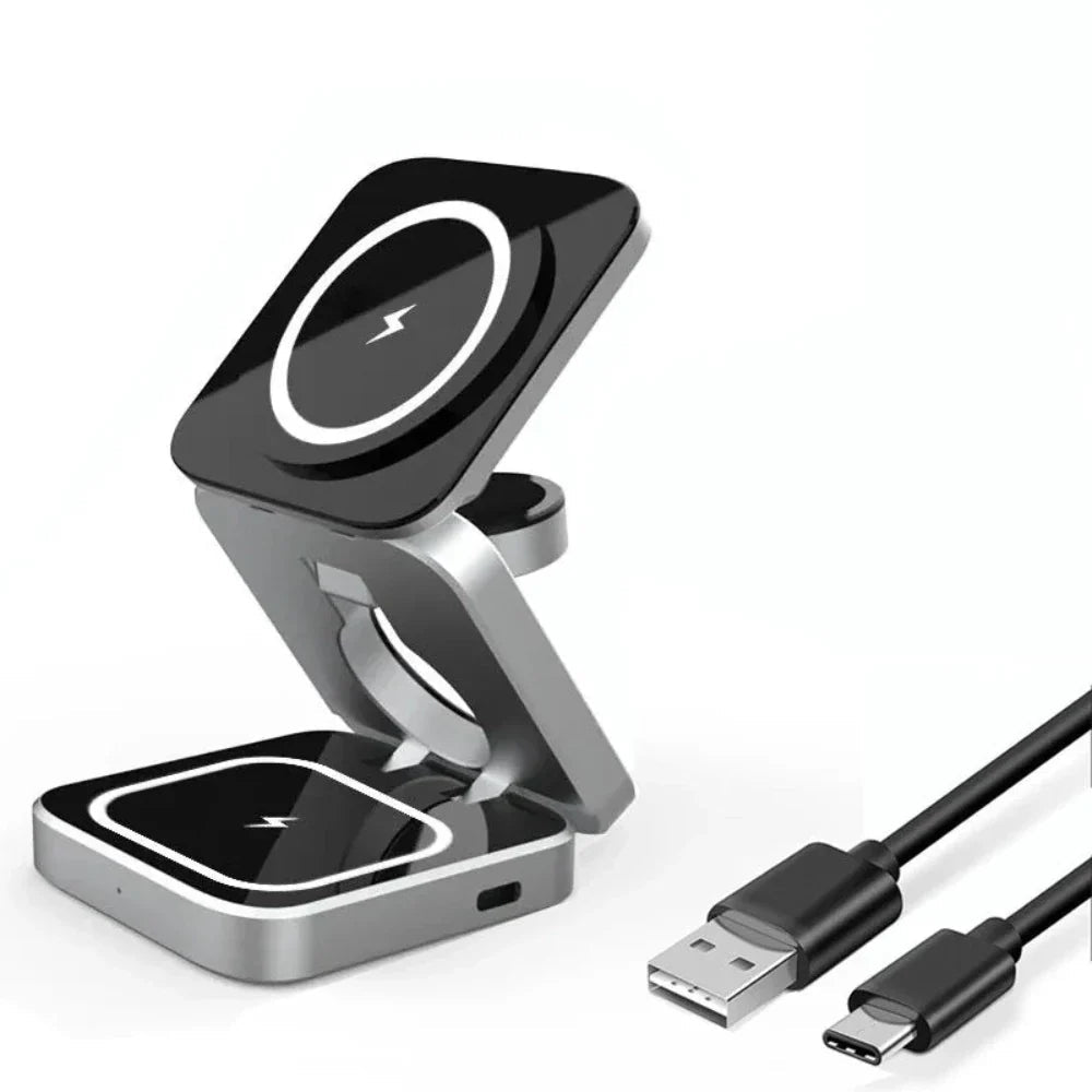 Foldable 3-in-1 Wireless Charging Phone Stand – Charge, Fold & Go