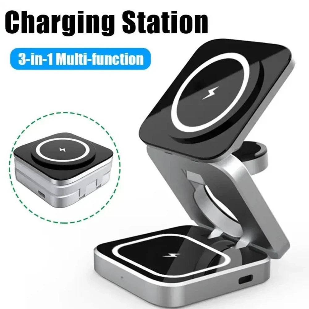 Foldable 3-in-1 Wireless Charging Phone Stand – Charge, Fold & Go
