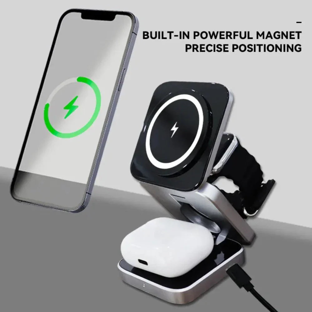 Foldable 3-in-1 Wireless Charging Phone Stand – Charge, Fold & Go