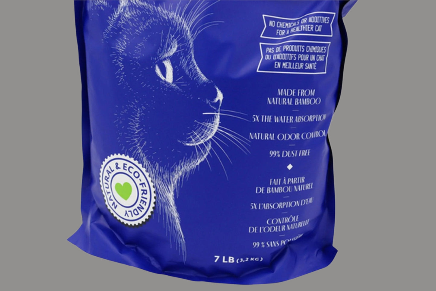 Blue bag of cat food with a white cat illustration and text on a white background
