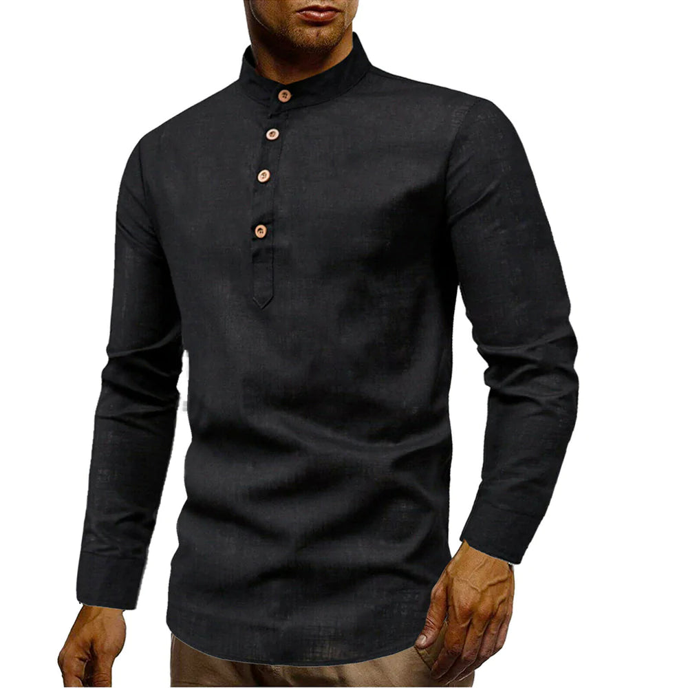HarborStone Men’s Stand Collar Linen Shirt Breathable Modern Classic