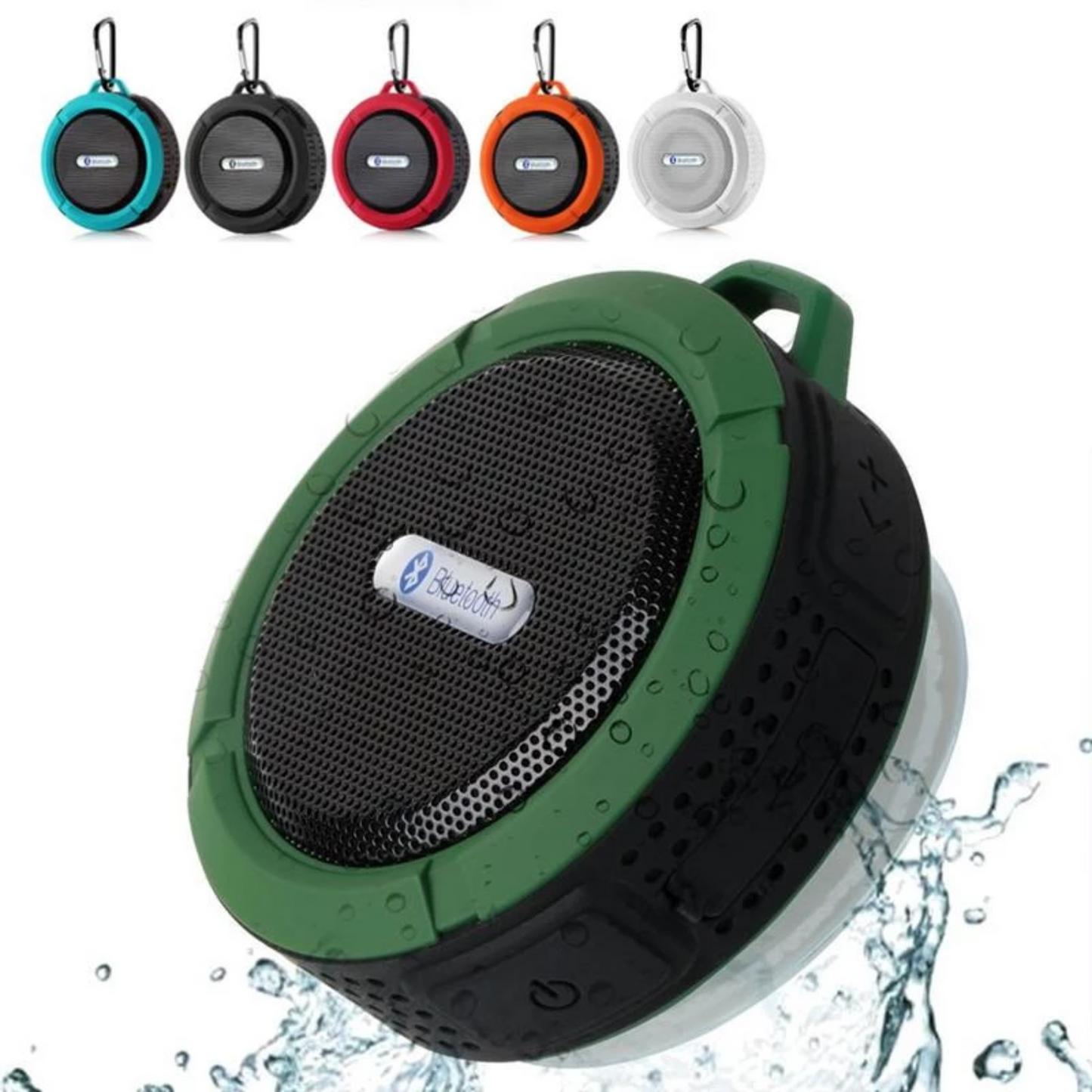 Green and black Bluetooth shower speaker with water splashes and color options displayed.