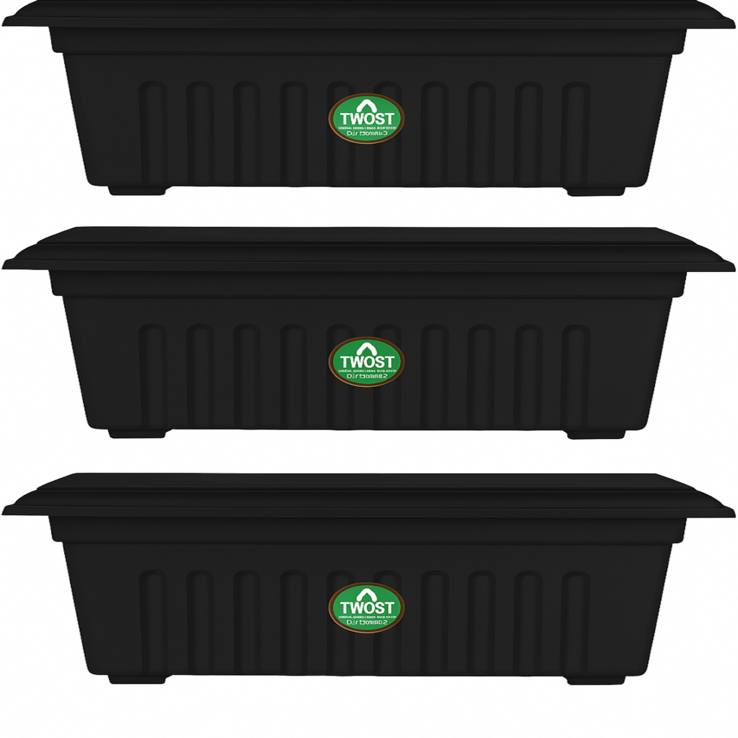 Three black plastic planters with Twost logo on a white background