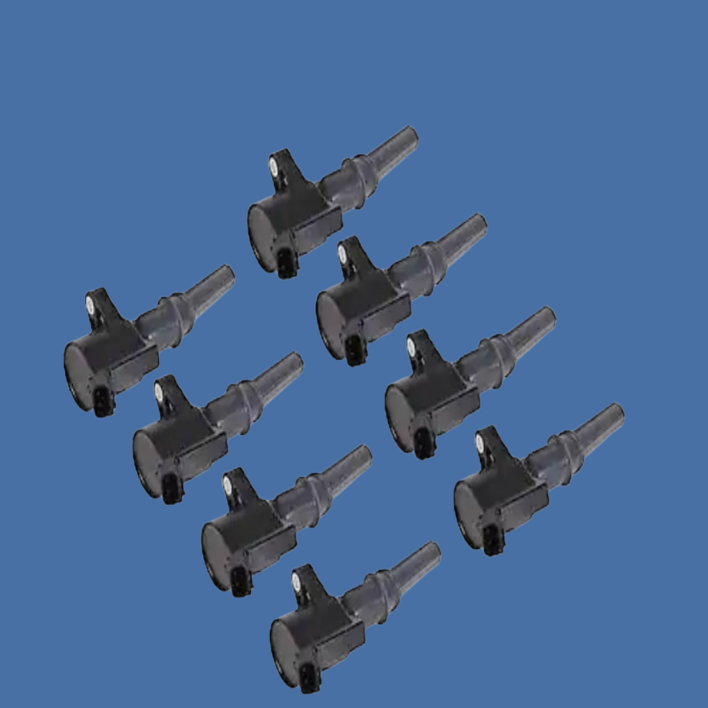 Set of eight black ignition coils on a white background