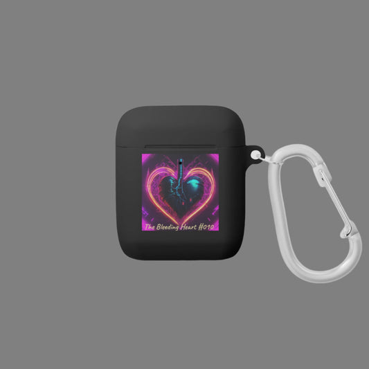 Black air pod case with a colorful heart design and carabiner on a white background
