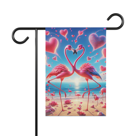 'Give Me Some Loving" Flamingo Garden Flag Designed by Law Rence