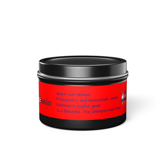Black container with red label on a white background