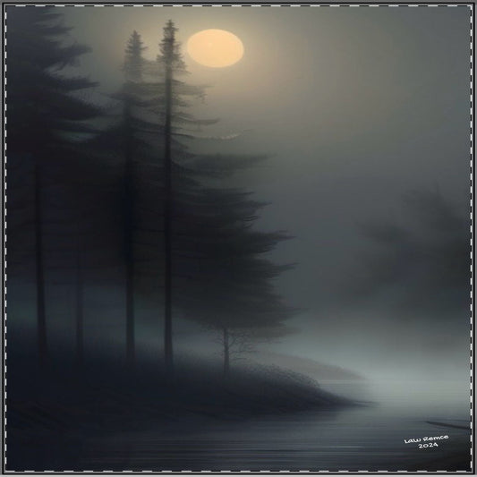 Misty forest scene with tall trees and a full moon
