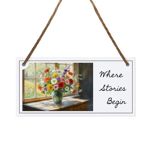 Decorative sign with a vase of flowers and 'Where Stories Begin' text on a blue background.