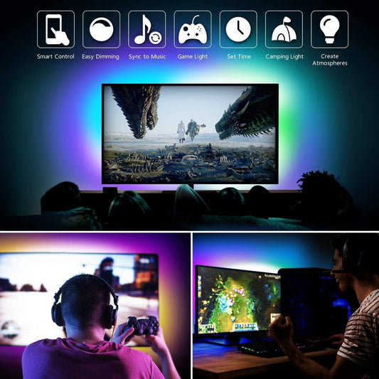 People watching a movie or playing games on a large screen with various light effects.