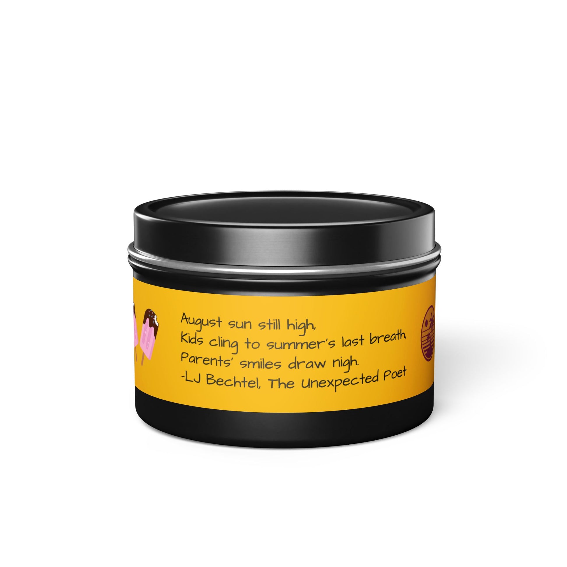 Black container with a yellow label featuring text and a small illustration on a white background