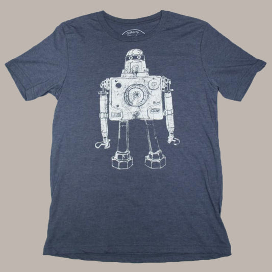 Navy blue t-shirt with a white robot graphic on a white background