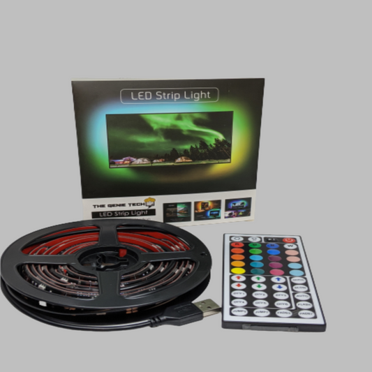 LED strip light set with remote control and packaging on a white background