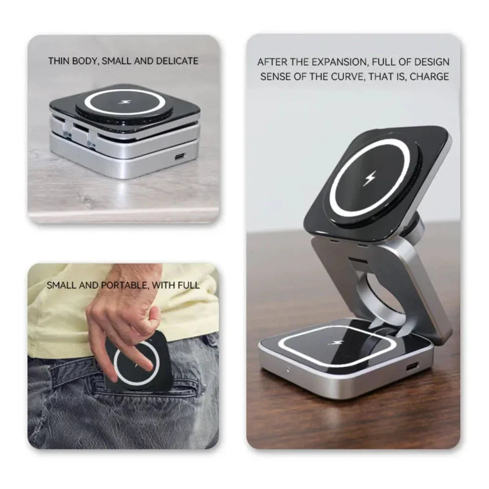 Foldable 3-in-1 Wireless Charging Phone Stand – Charge, Fold & Go