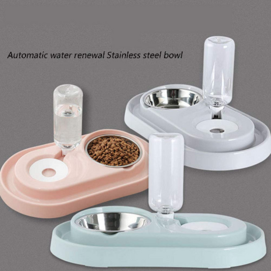 Three pet feeding stations with stainless steel bowls and water dispensers on a gray background.