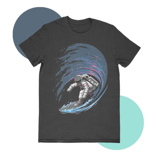 Black t-shirt with an astronaut graphic on a white background