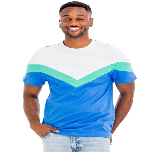 Man wearing a blue and white striped t-shirt with a green accent on a white background