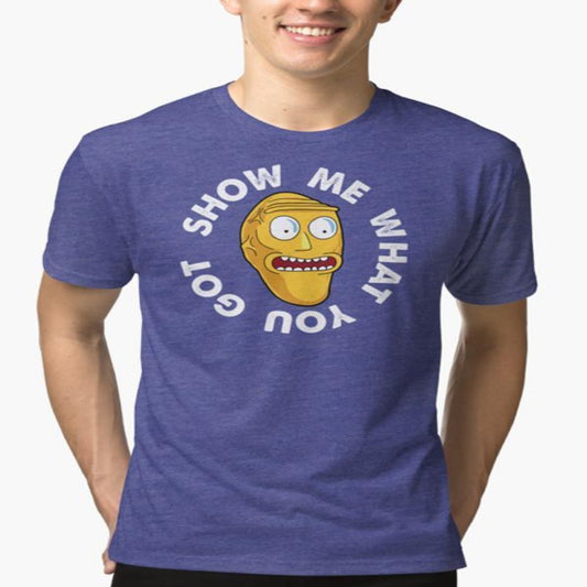 Person wearing a blue t-shirt with a graphic design and text