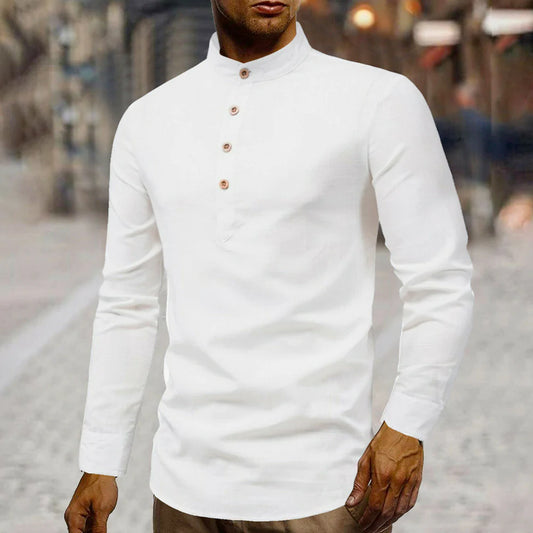 HarborStone Men’s Stand Collar Linen Shirt Breathable Modern Classic