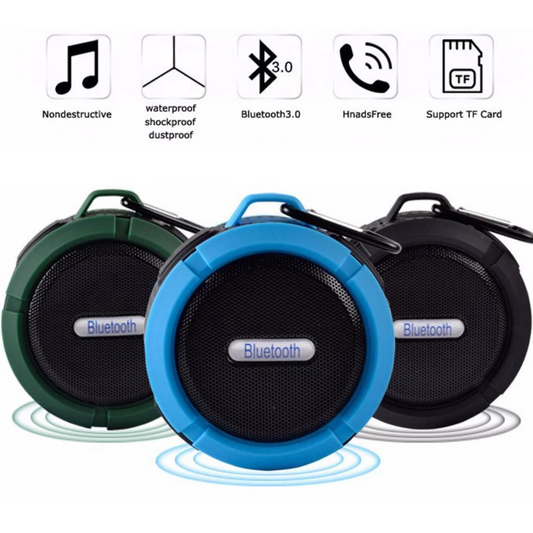 Three Bluetooth speakers in green, blue, and black with feature icons on a white background.