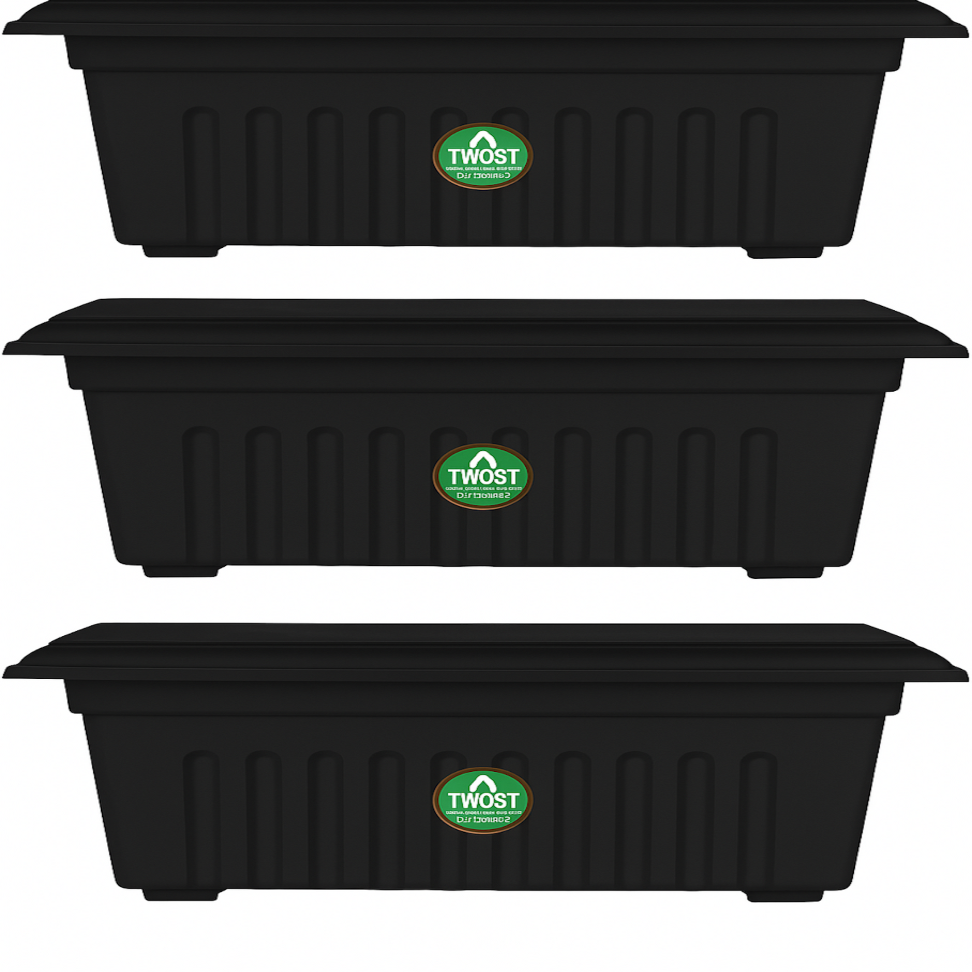 Three black plastic planters with Twost logo on a white background