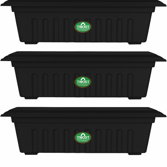 Three black plastic planters with Twost logo on a white background