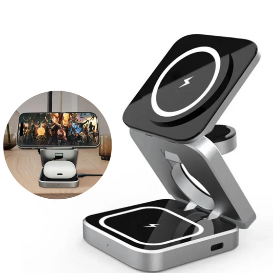 Foldable 3-in-1 Wireless Charging Phone Stand – Charge, Fold & Go