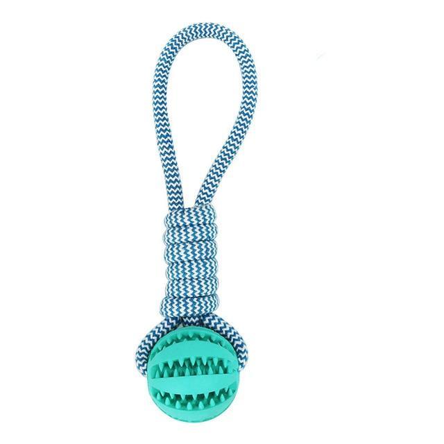 Blue dog toy with a rope on a white background