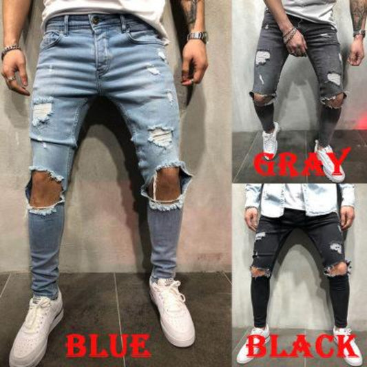 Collage of distressed jeans in blue, gray, and black with a person wearing them.
